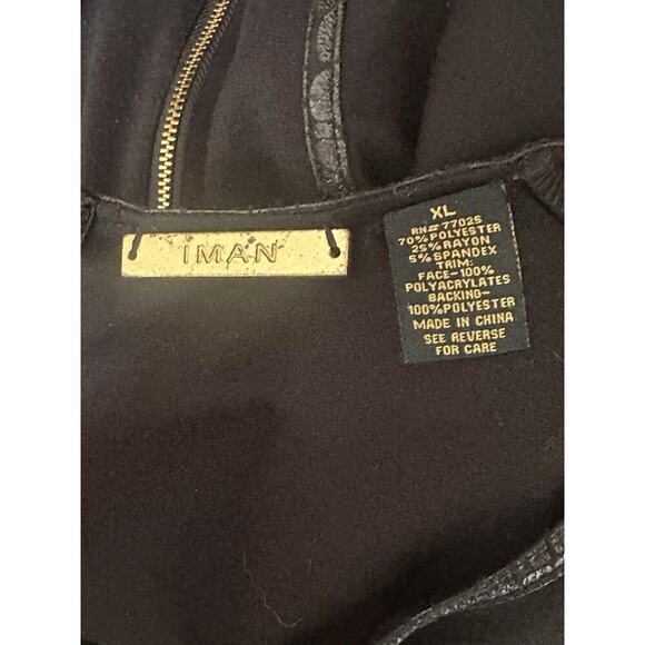 IMAN Black Sleeveless Faux Leather Trim Dress Size 14 Gold Zip Back Stretch Knit - Picture 5 of 5